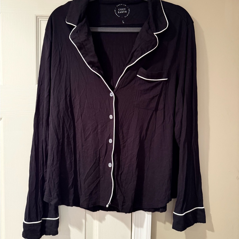 Cozy Earth Black Long Sleeve Pajama Set with White Trim